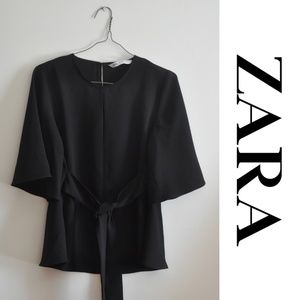 Zara Black Self-Tie Blouse Bell Sleeves Size XS